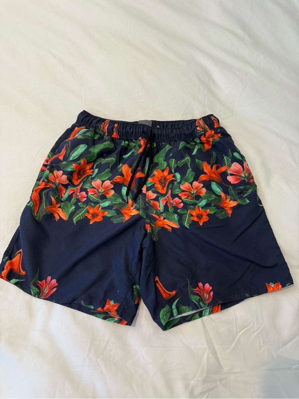 ASOS Navy Swim Shorts with Orange Floral Print
